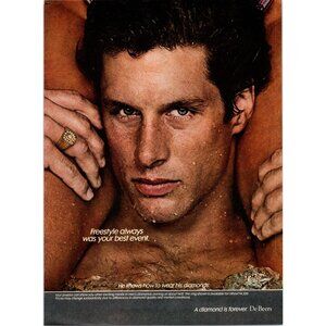1981 DeBeers Diamond is Forever Vintage Print Ad Man Men's Ring Swim Wall Art